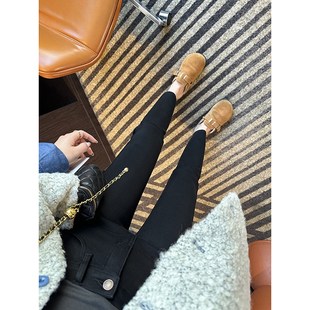 塑形神裤~!黑色加绒小脚牛仔裤女冬季新加厚毛边九分显瘦铅笔裤