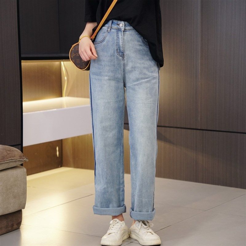 2024夏季薄款 大码高腰侧边蓝条拖地牛仔裤200斤胖mm弹力阔腿女裤,女装/女士精品,大码裤装,淘宝优惠券,粉丝福利购,淘宝优惠卷