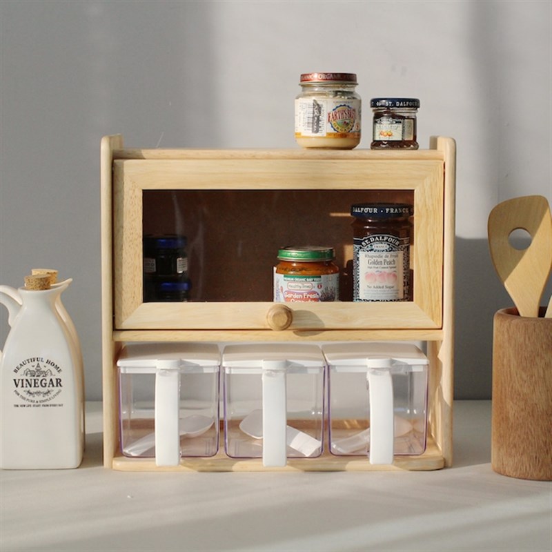 韩国直邮 木质置物架 原木家用厨房收纳整理架调味罐组合套装