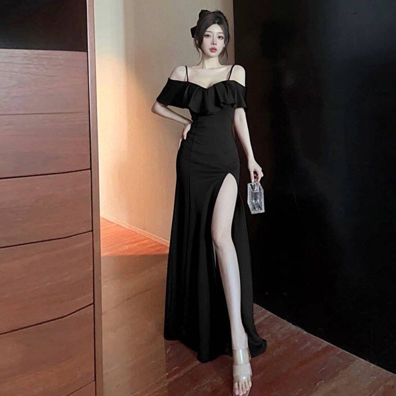 性感一字肩吊带连衣裙长裙女荷叶边气质名媛高开叉晚礼服裙高级感