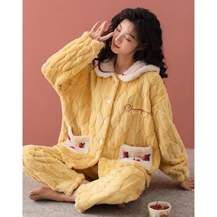 女士睡衣冬季珊瑚绒加厚保暖甜美可爱毛绒家居服冬天少女粉色套装
