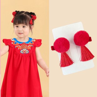 宝宝周岁头饰中式婴儿古风抓周发夹新年儿童发饰红色女童胎毛发卡