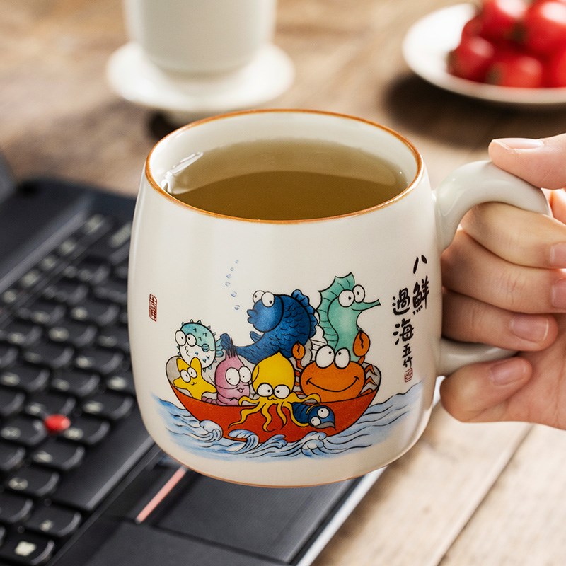汝窑创意八鲜过海泡茶杯茶水分离杯子办公室带盖过滤定制陶瓷水杯
