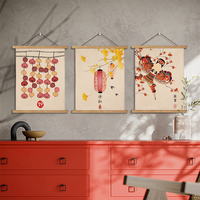 喜庆新中式油画布挂轴画餐厅墙面挂画装饰画电表箱遮挡画民俗壁画