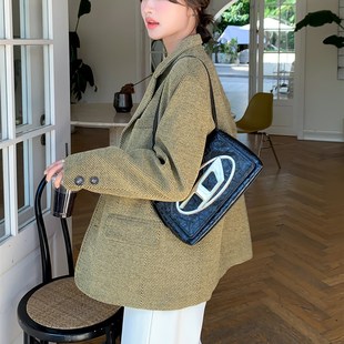 宽松粗花呢子大衣 乔觅加厚毛呢西装 外套女2023新款 秋冬季 斜纹短款