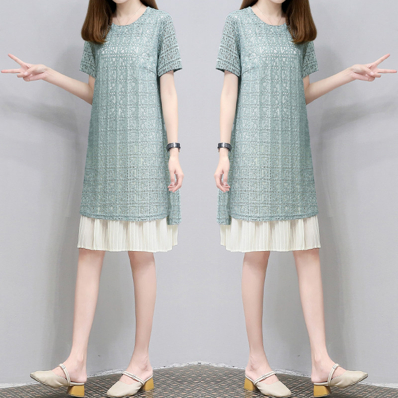 2021夏季新款时尚女装圆领百褶雪纺裙中长款宽松显瘦蕾丝连衣裙女