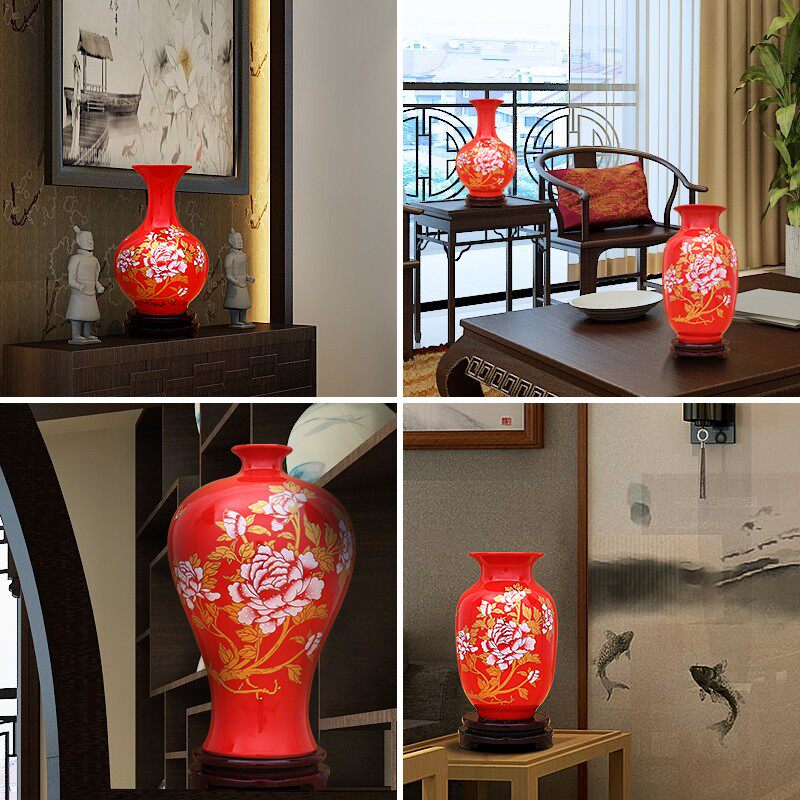 景德镇陶瓷器大号中国红色花瓶摆件客厅装饰品喜庆结婚庆工艺摆设