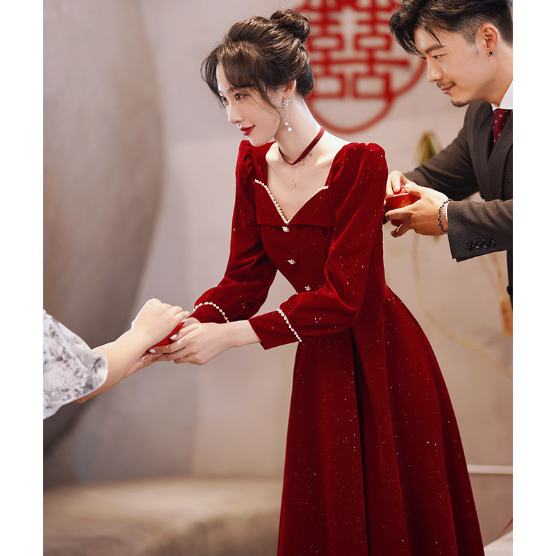 敬酒服2024新款新娘高级感结婚订婚回门礼服便装女酒红色连衣裙夏