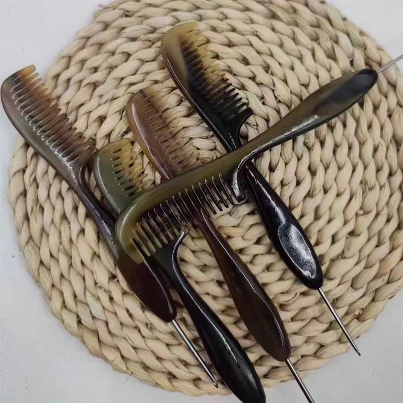 纯天然牛角梳子钩针两用牦牛角柄不锈钢针头顺滑钩织针快出活工具