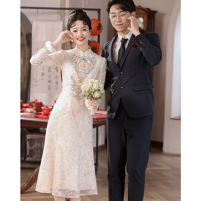 旗袍敬酒服新娘2024新款宴会服高级感订婚结婚礼服裙女秋冬小个子