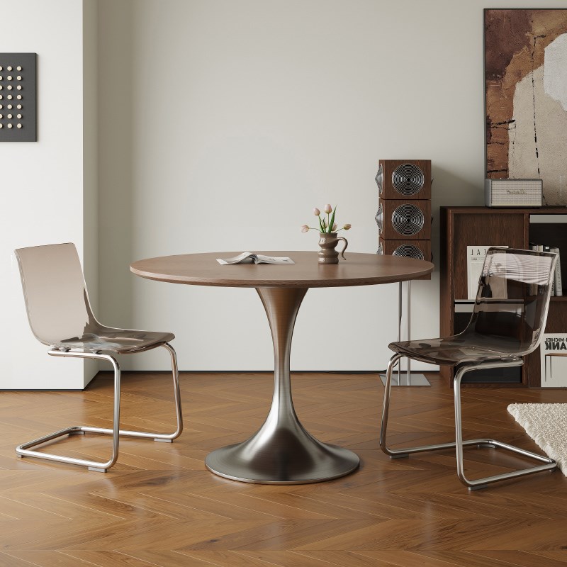 中古风岩板小圆桌家用圆餐桌小户型圆形饭桌网红复古洽谈桌椅组合