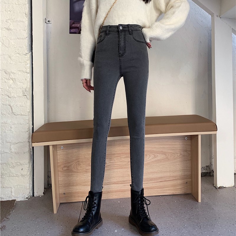 加绒加厚薄款新破洞牛仔裤女高腰紧身修身弹力显瘦直筒九分小脚裤