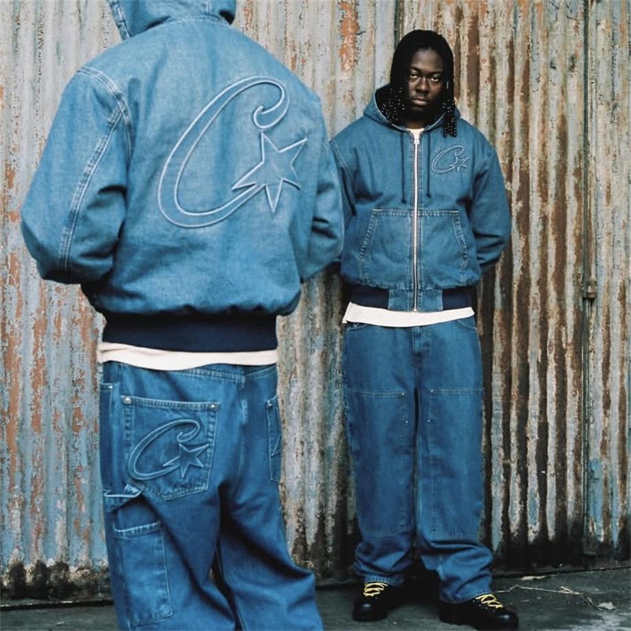 美式复古冬加绒连帽牛仔Corteiz