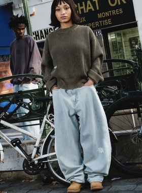 Mertra 秋季新款时尚字母印花牛仔裤浅蓝高街休闲百搭潮宽松长裤