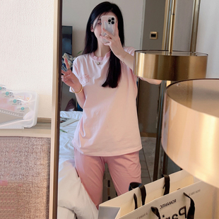 睡衣女夏季 薄款 七分裤 短袖 可外穿 甜美可爱夏天家居服两件式 套装