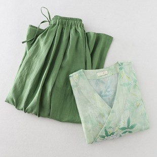 新中式 国风改良宋制汉服汉元 素绿色衬衫 上衣搭配半身裙女两件套装