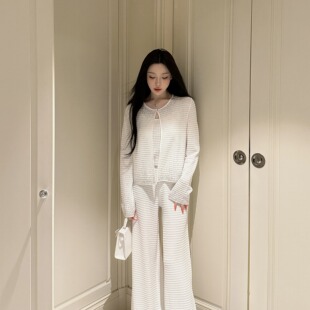 格纹烫钻提花重工显瘦微弹针织阔腿裤 长裤 米兰秋日 YOUENBB