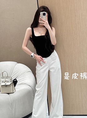 YOUENBB 时尚白色直筒休闲皮裤显瘦高腰宽松拖地设计感长裤不贴腿