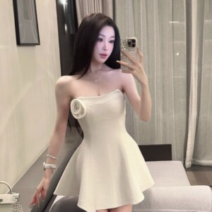 YOUENBB【月下山茶花】温柔知性吊带连衣裙立体花抹胸收腰短裙
