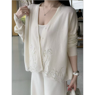 外套 白色镂空花边绵羊毛针织开衫 YOUENBB 云上花园