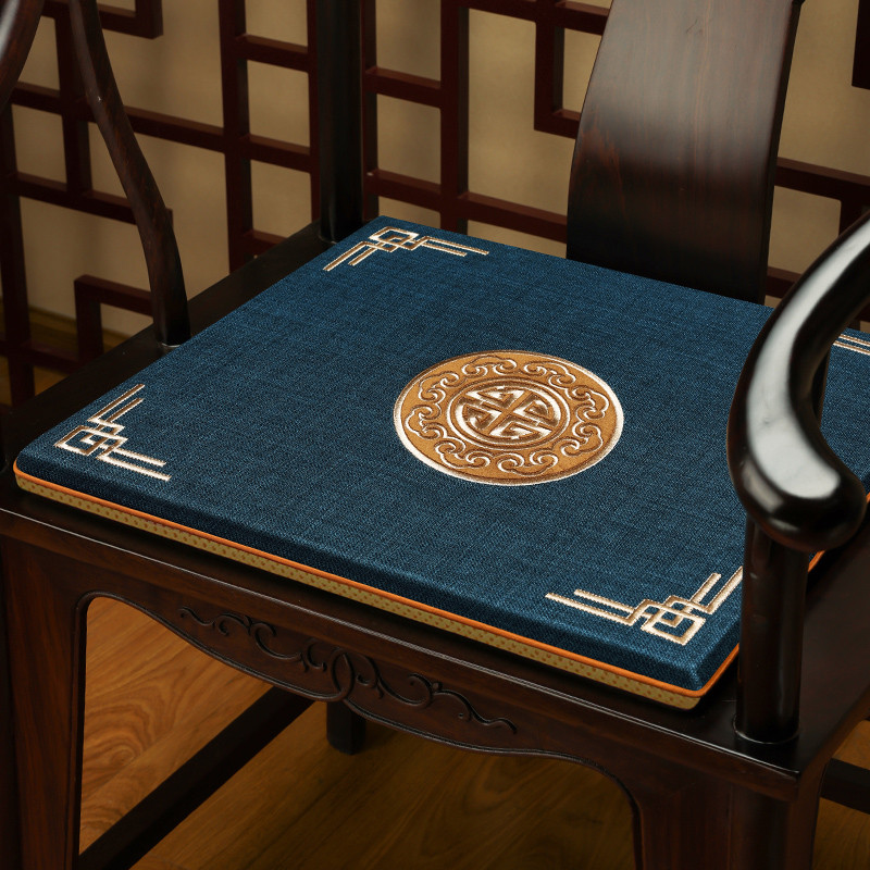 新中式椅垫红木椅子坐垫古典亚麻刺绣实木圈椅太师椅茶椅垫座椅垫