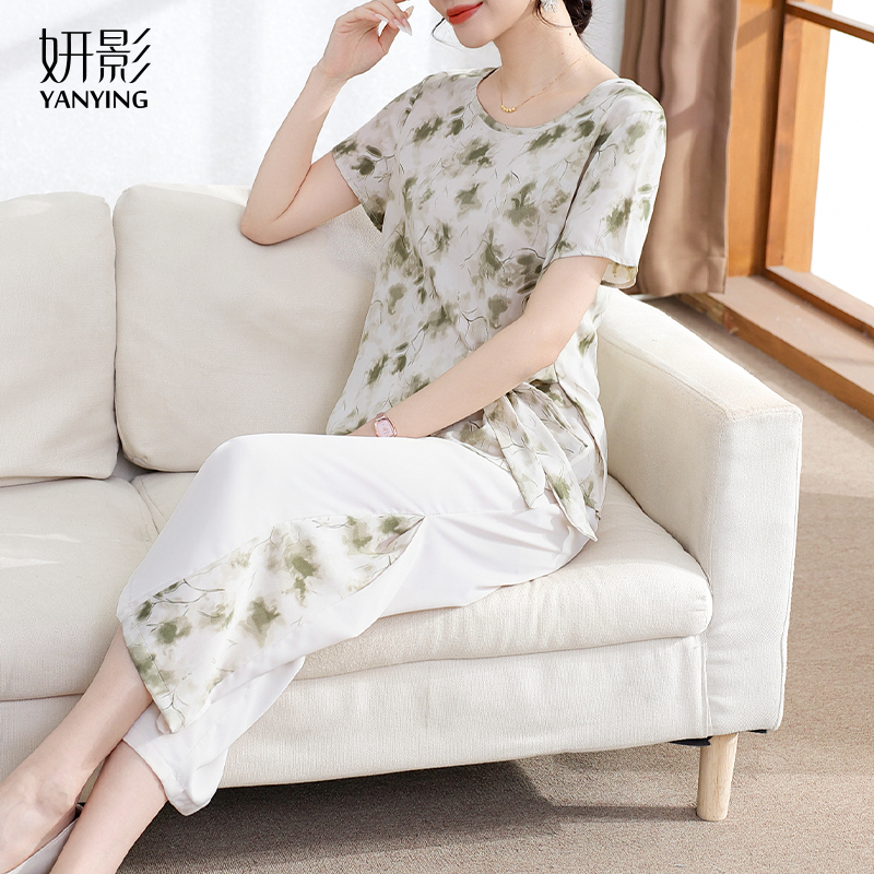 妍影媽媽夏裝時(shí)尚闊腿褲套裝兩件套