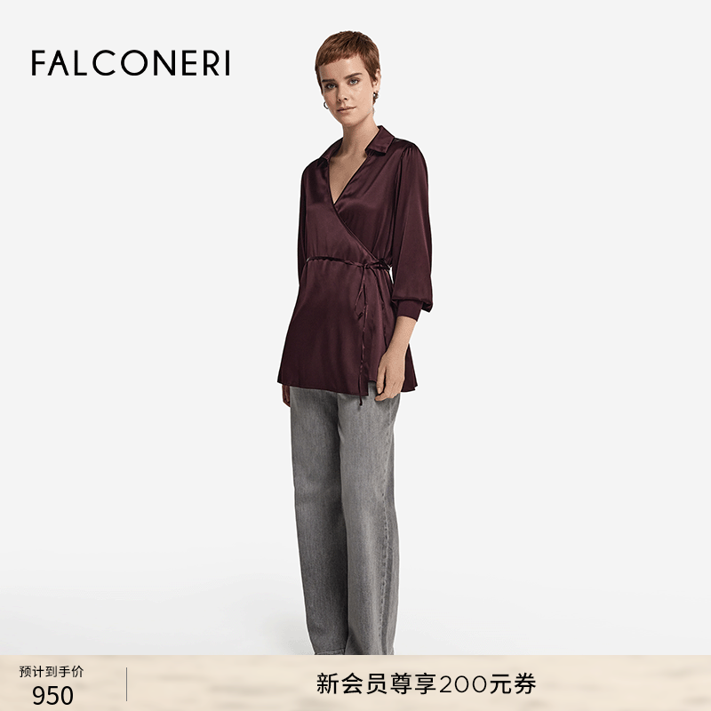 FALCONERI女时尚经典优雅舒适桑蚕丝圣诞交叉V领衬衫上衣DML406I