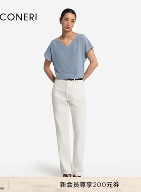 【季末折扣】FALCONERI女士简约桑蚕丝混纺宽松V领短袖T恤DMM406I