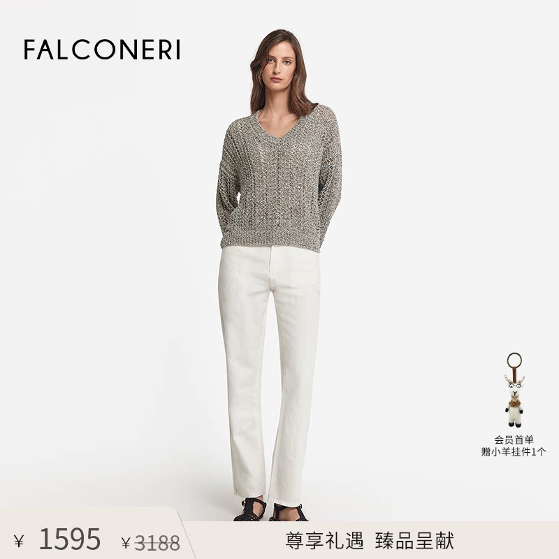 【尊享礼遇】FALCONERI女日常棉质混纺V领亮片长袖针织衫DML497B图片