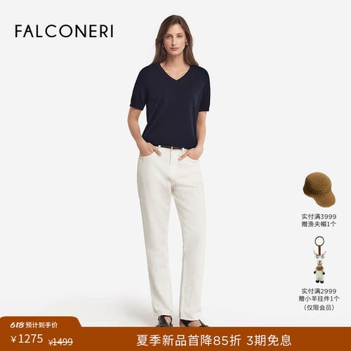 FALCONERI女士时尚经典休闲日常简约V领罗纹纯棉短袖T恤DMM200B