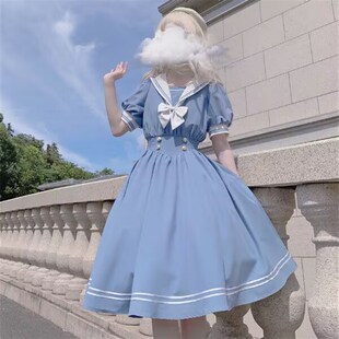 连衣裙女学生中长款 日系甜美海军领蝴蝶结收腰显瘦短袖 百搭a字裙
