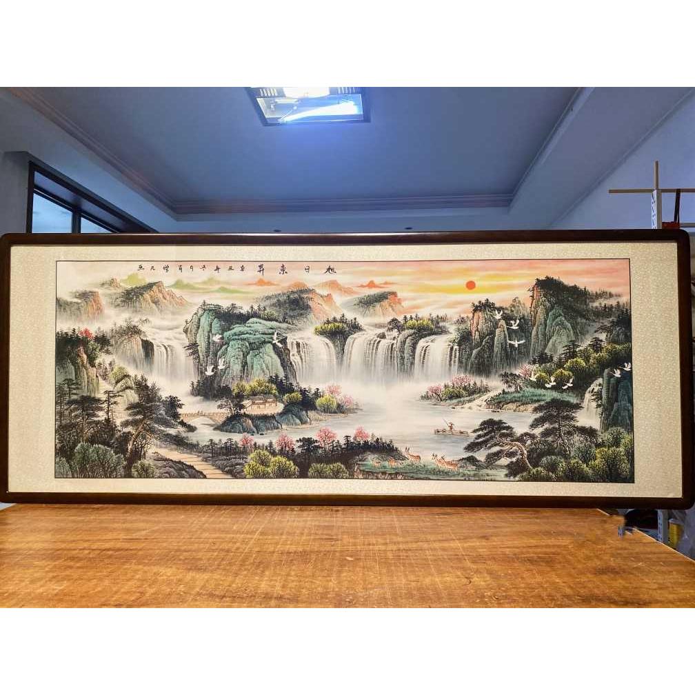 旭日东升横幅纯手绘山水画 客厅背景墙装饰挂画办公室国画靠山图