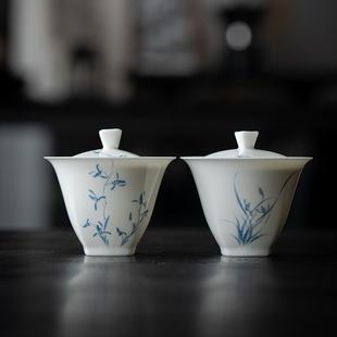 功夫茶具家用盖 新款 直销 玉瓷手绘兰花盖碗 有方陶瓷青花泡茶碗