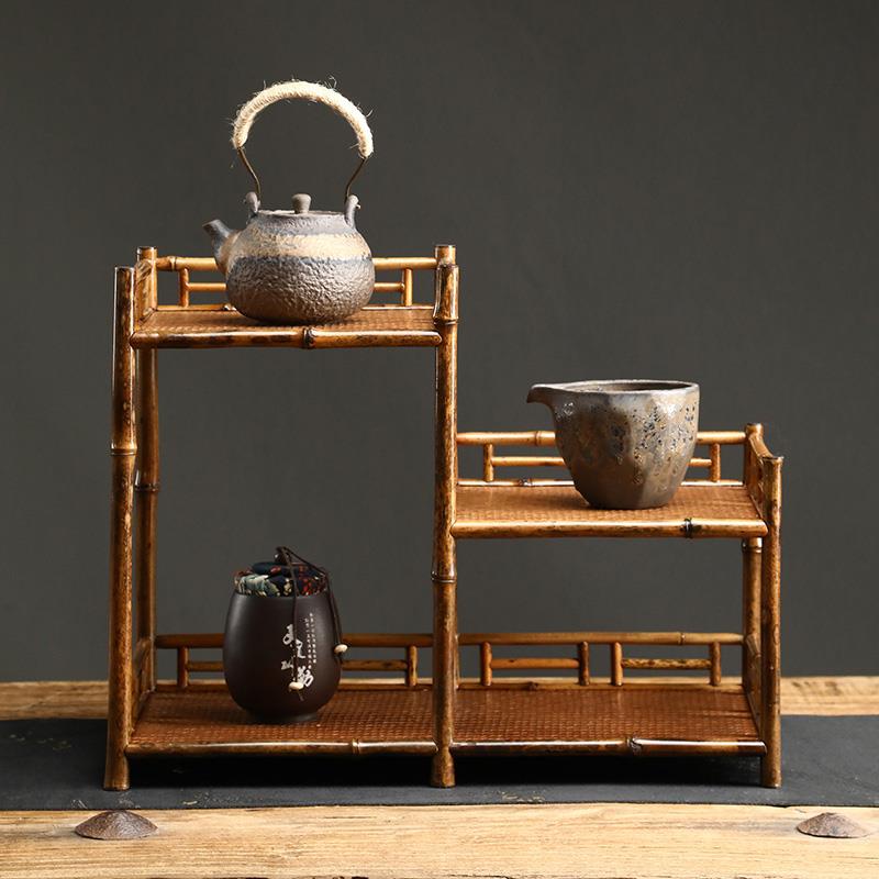 紫竹梅鹿竹茶棚茶架博古架兰花架展示架复古茶具收纳展示架竹家具