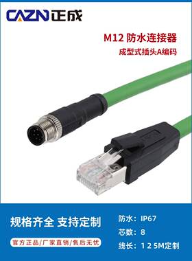 Ethernet正成M12连接器8芯A编码公母头转RJ45CAT5E超五类拖炼网线