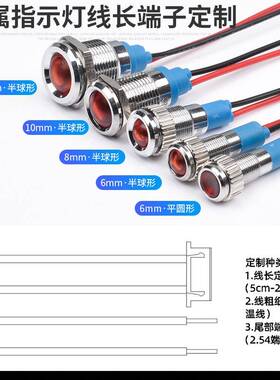 LED金属指示灯6mm平头信号灯8mm线长端子定制XH2.542P3P4P杜邦HY