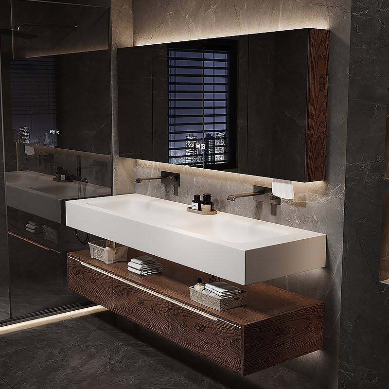 岩板热弯无缝一体双盆红橡木浴室柜组合酒店风卫生间洗手盆洗漱台