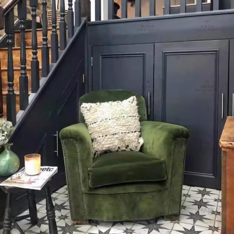 美式法式实木丝绒客厅单人沙发复古浅棕色高背书房洽谈椅高端家具