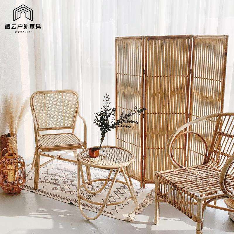 藤编小茶几简约圆形小边几民宿手工圆几餐椅组合藤椅屏风日式