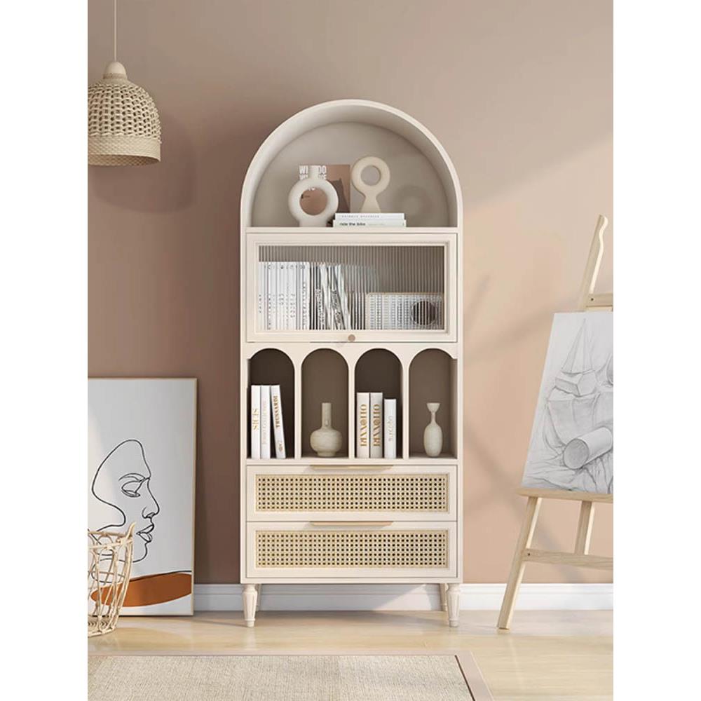 美式实木书柜轻奢儿童落地小书架法式复古拱形装饰酒柜北欧餐边柜