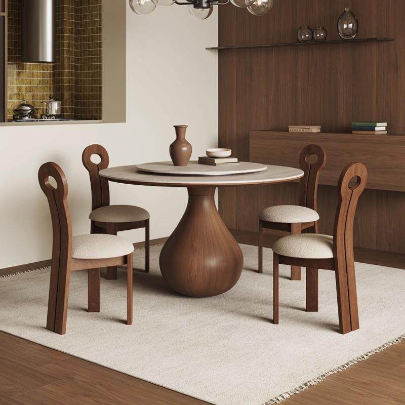 洞石岩板圆桌家用小户型实木圆形饭桌带转盘复古风黑胡桃木圆餐桌