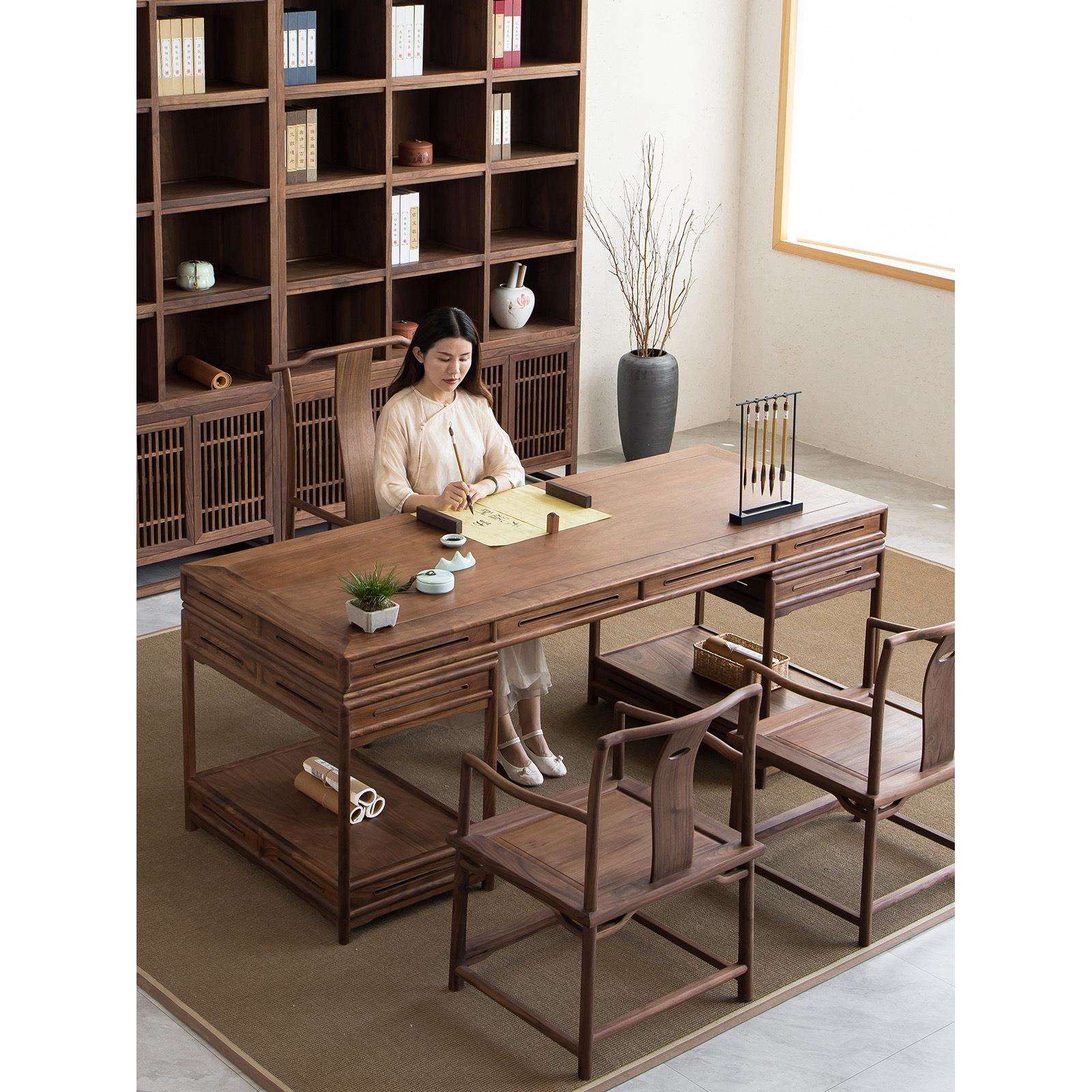 新中式书桌实木禅意书房画案榆木办公桌黑胡桃书法桌书画桌家具