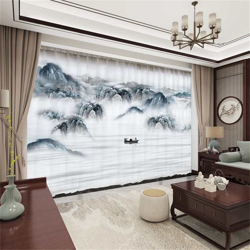 新中式水墨山水画窗帘遮光2024新款中国风客厅别墅高端大气窗纱帘