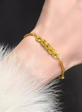 碎冰冰铜钱五帝钱币手链女S925纯银镀24k金色国风新中式盘缠手串