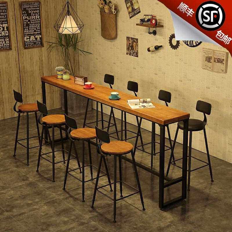 直销新款美式铁艺实木家用吧台桌椅奶茶店靠墙长条酒吧桌复古高脚