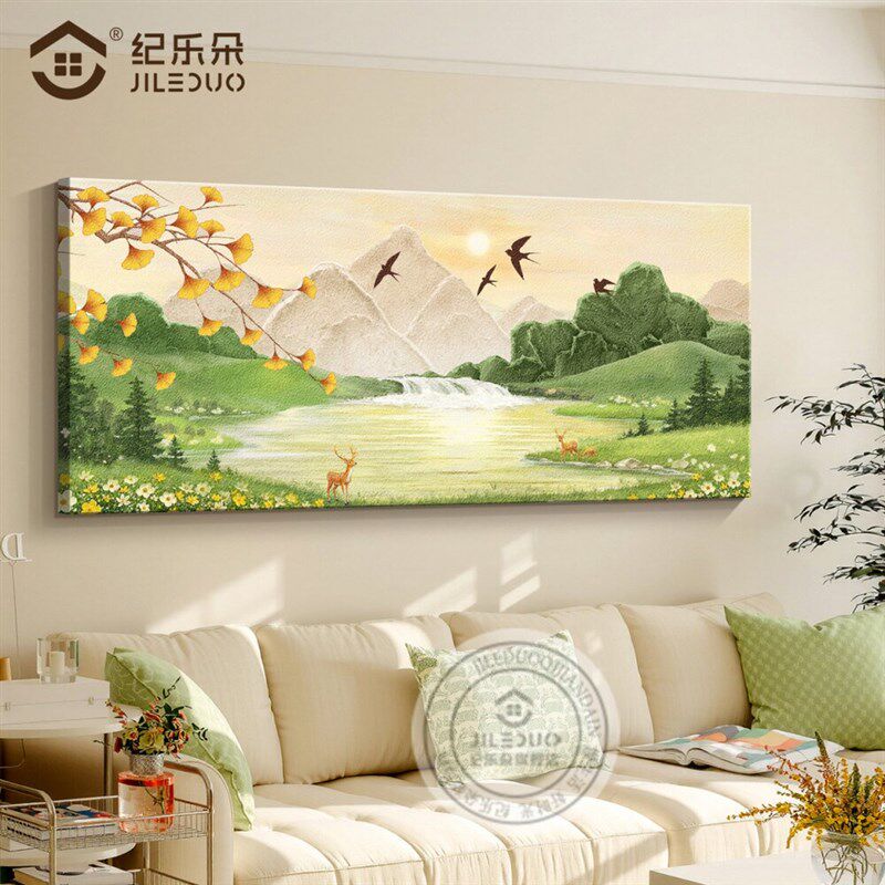 日照金山风景画客厅聚财挂画新款肌理感砂岩画沙发背景墙壁装饰画