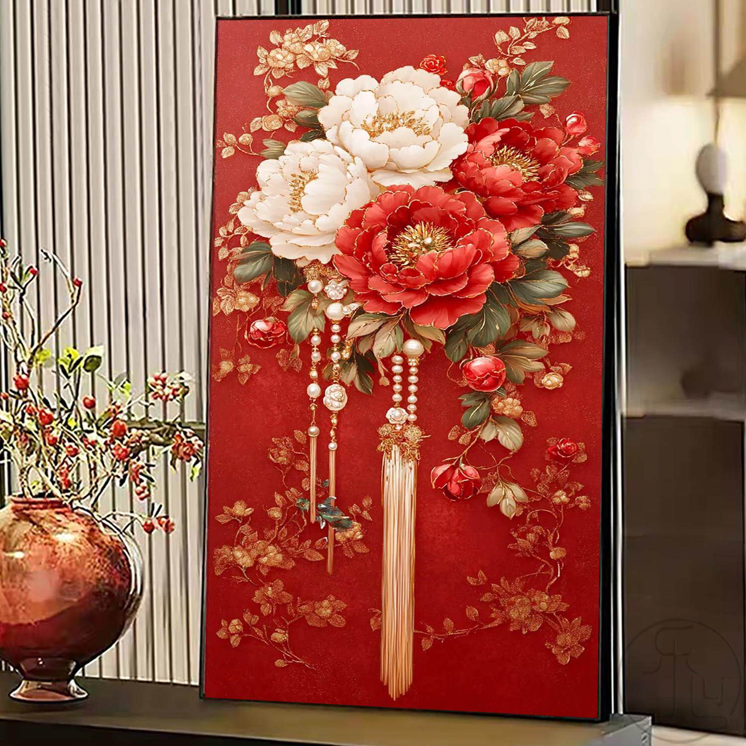 新中式富贵牡丹十字绣钻石画满钻贴画2026新款高级玄关客厅点贴钻