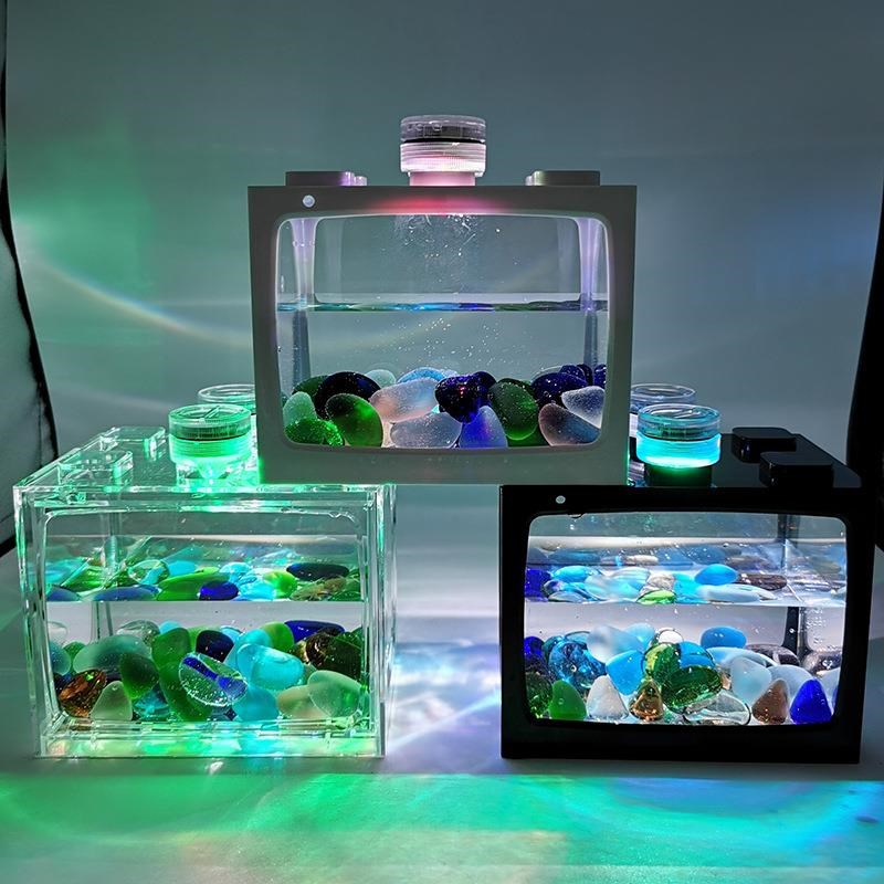 小鱼缸水母创意生态缸微景观斗鱼缸热带鱼水族箱带led灯生态瓶