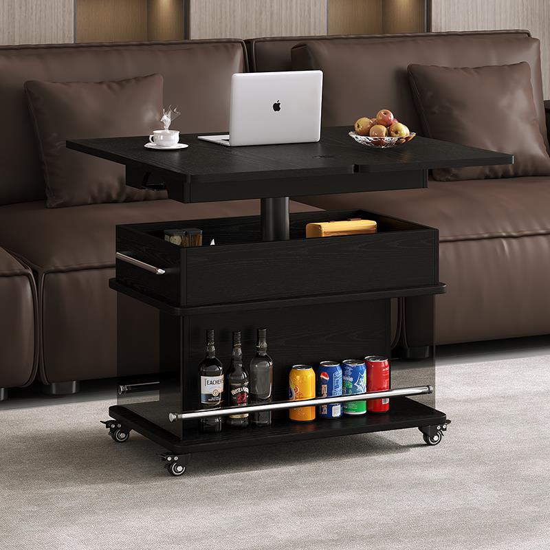 黑色意式极简移动茶几可升降折叠长方形多功能客厅小推车沙发边几