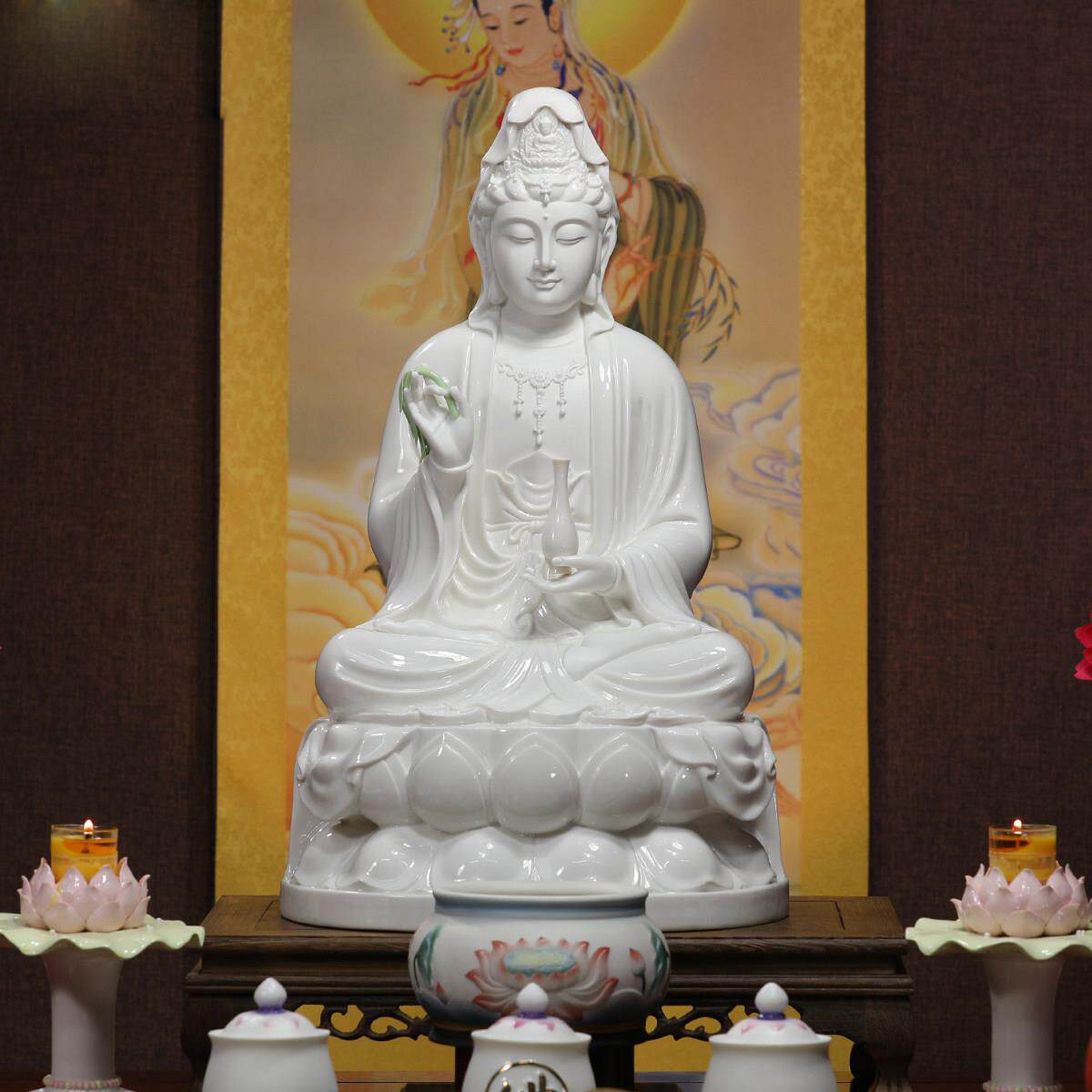 陶瓷南海观世音菩萨摆件白瓷古坐莲观音佛像家用供奉保平安普陀山